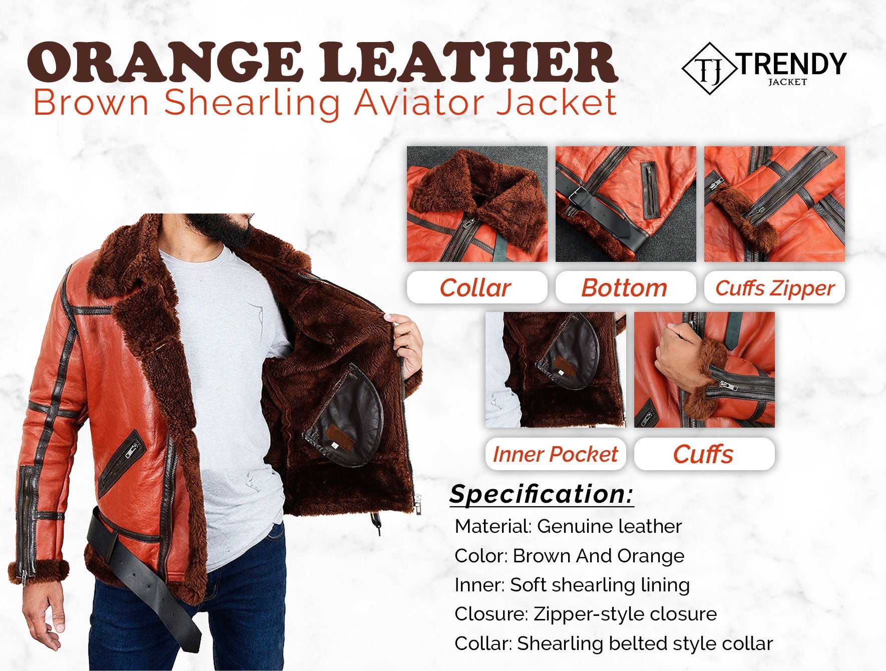 Brown Shearling Aviator Orange Leather Jacket